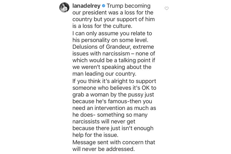 An image of Lana Del Rey's Instagram comment; the text is below.